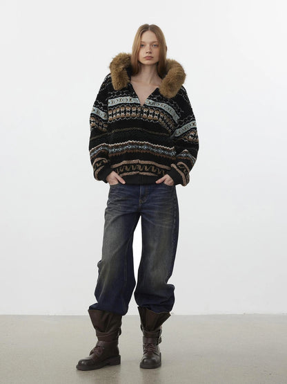 AFTADAWN Fair Isle Lamb Fleece Detachable Hood Coat V-neck T-shirt Long Sleeve Jacket
