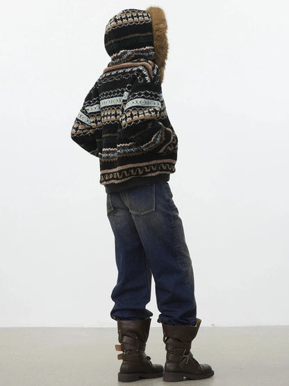 AFTADAWN Fair Isle Lamb Fleece Detachable Hood Coat V-neck T-shirt Long Sleeve Jacket