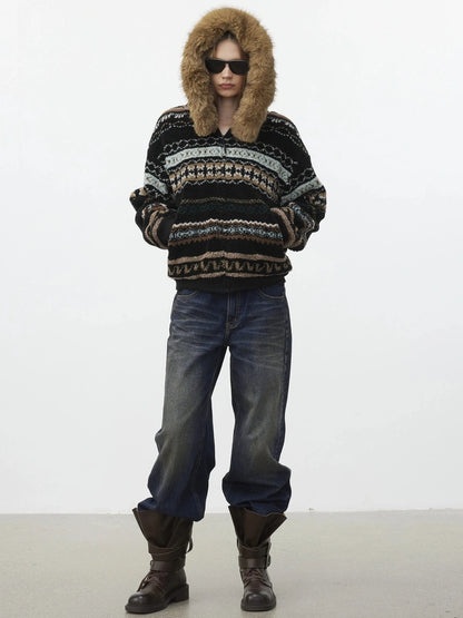 AFTADAWN Fair Isle Lamb Fleece Detachable Hood Coat V-neck T-shirt Long Sleeve Jacket