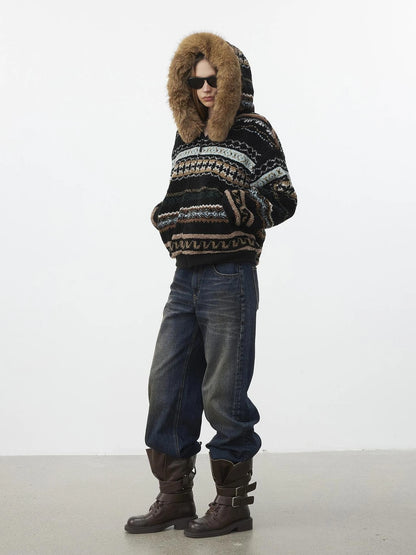 AFTADAWN Fair Isle Lamb Fleece Detachable Hood Coat V-neck T-shirt Long Sleeve Jacket