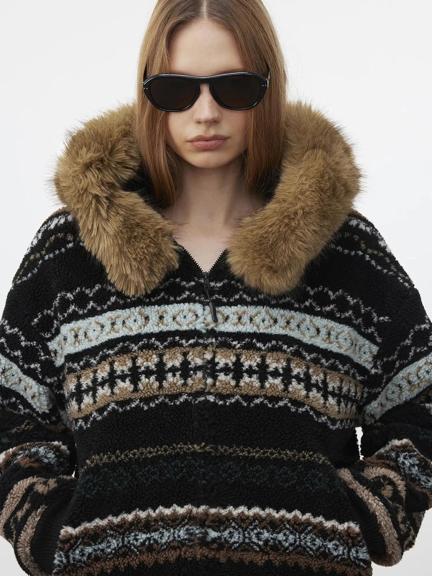 AFTADAWN Fair Isle Lamb Fleece Detachable Hood Coat V-neck T-shirt Long Sleeve Jacket