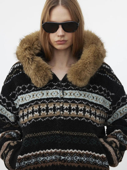 AFTADAWN Fair Isle Lamb Fleece Detachable Hood Coat V-neck T-shirt Long Sleeve Jacket