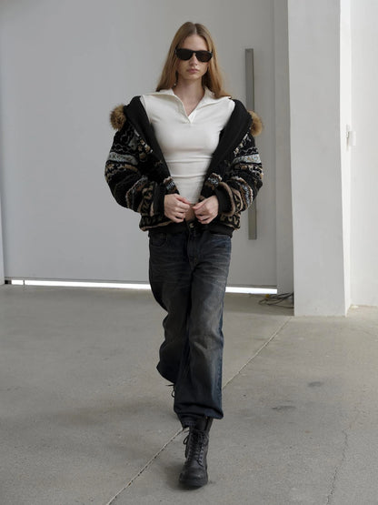 AFTADAWN Fair Isle Lamb Fleece Detachable Hood Coat V-neck T-shirt Long Sleeve Jacket