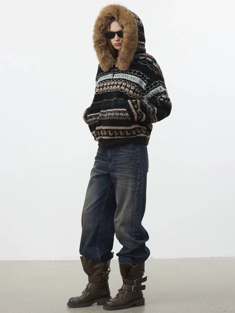 AFTADAWN Fair Isle Lamb Fleece Detachable Hood Coat V-neck T-shirt Long Sleeve Jacket