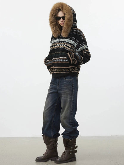 AFTADAWN Fair Isle Lamb Fleece Detachable Hood Coat V-neck T-shirt Long Sleeve Jacket