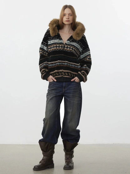 AFTADAWN Fair Isle Lamb Fleece Detachable Hood Coat V-neck T-shirt Long Sleeve Jacket