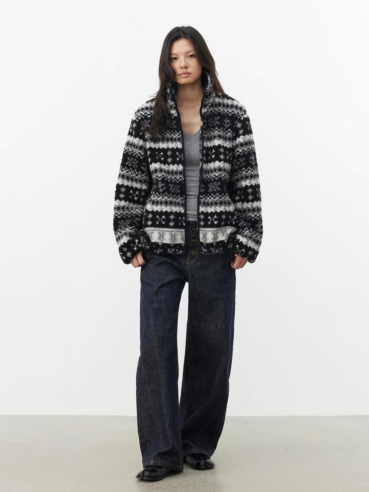 AFTADAWN Fair Isle Textured Lamb Wool Stand Collar Cardigan Hoodies/Sweatshirt