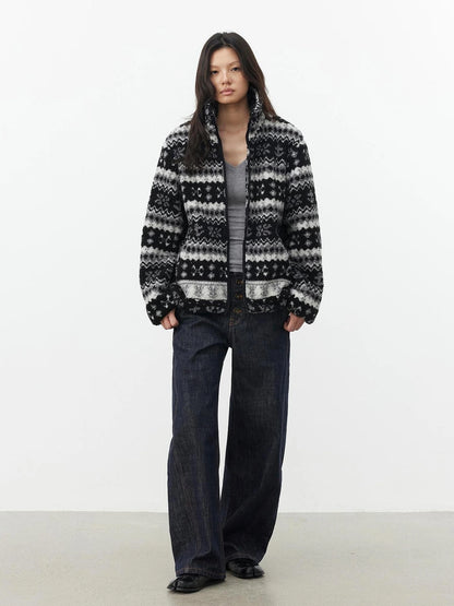 AFTADAWN Fair Isle Textured Lamb Wool Stand Collar Cardigan Hoodies/Sweatshirt
