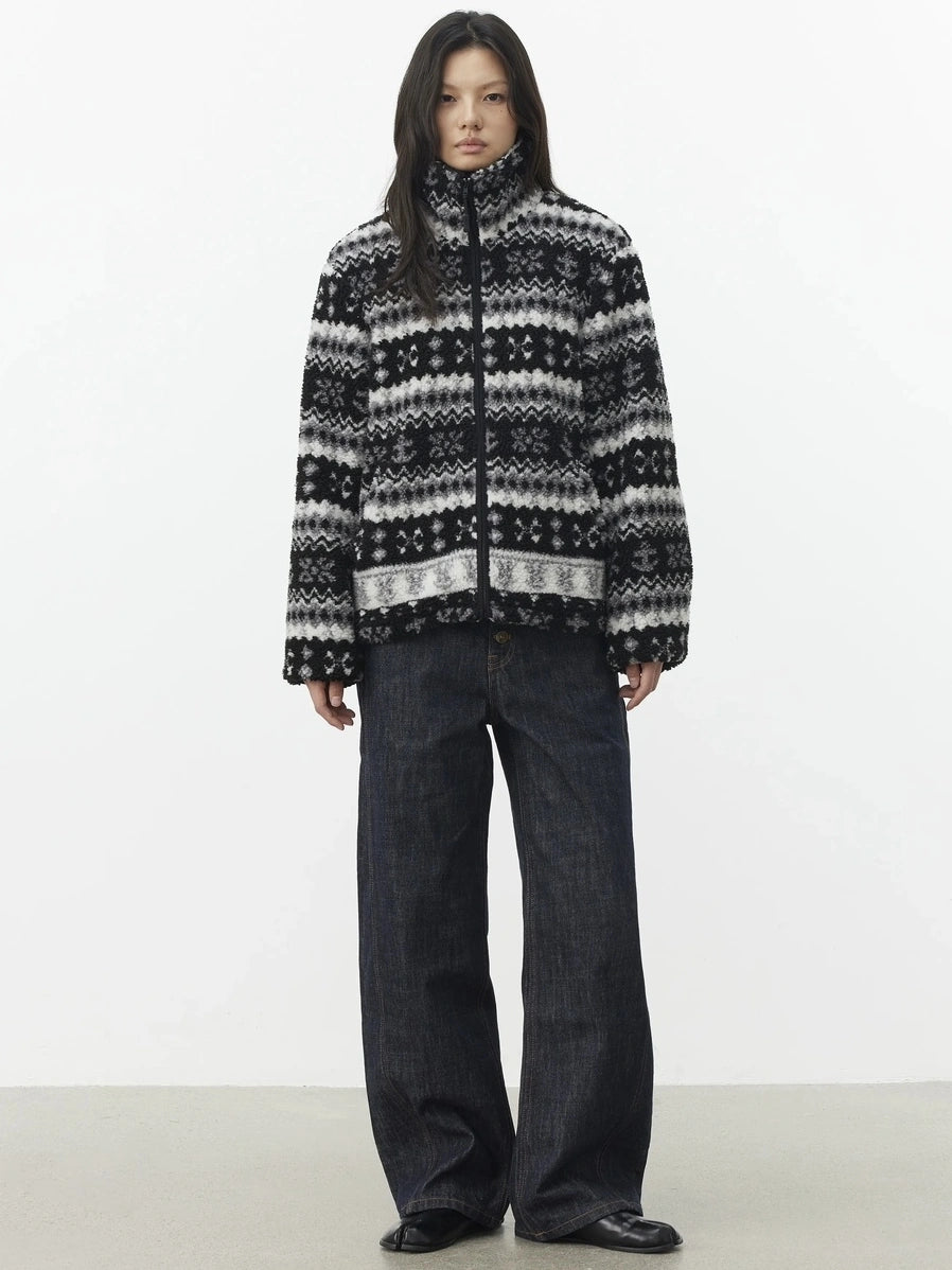 AFTADAWN Fair Isle Textured Lamb Wool Stand Collar Cardigan Hoodies/Sweatshirt