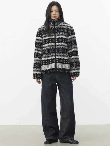 AFTADAWN Fair Isle Textured Lamb Wool Stand Collar Cardigan Hoodies/Sweatshirt