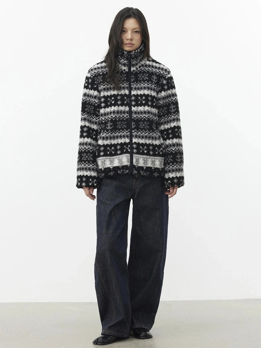 AFTADAWN Fair Isle Textured Lamb Wool Stand Collar Cardigan Hoodies/Sweatshirt