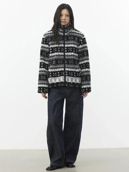 AFTADAWN Fair Isle Textured Lamb Wool Stand Collar Cardigan Hoodies/Sweatshirt