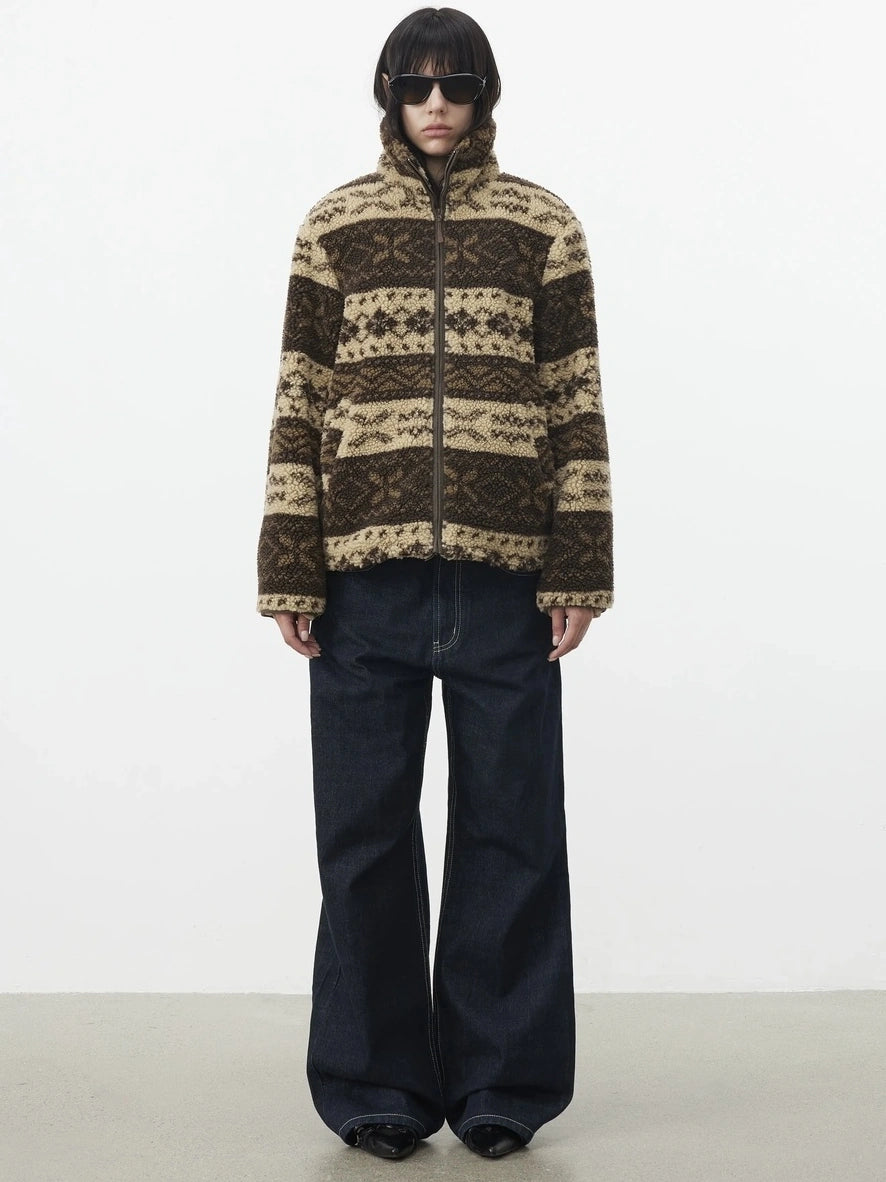 AFTADAWN Fair Isle Textured Lamb Wool Stand Collar Cardigan Hoodies/Sweatshirt