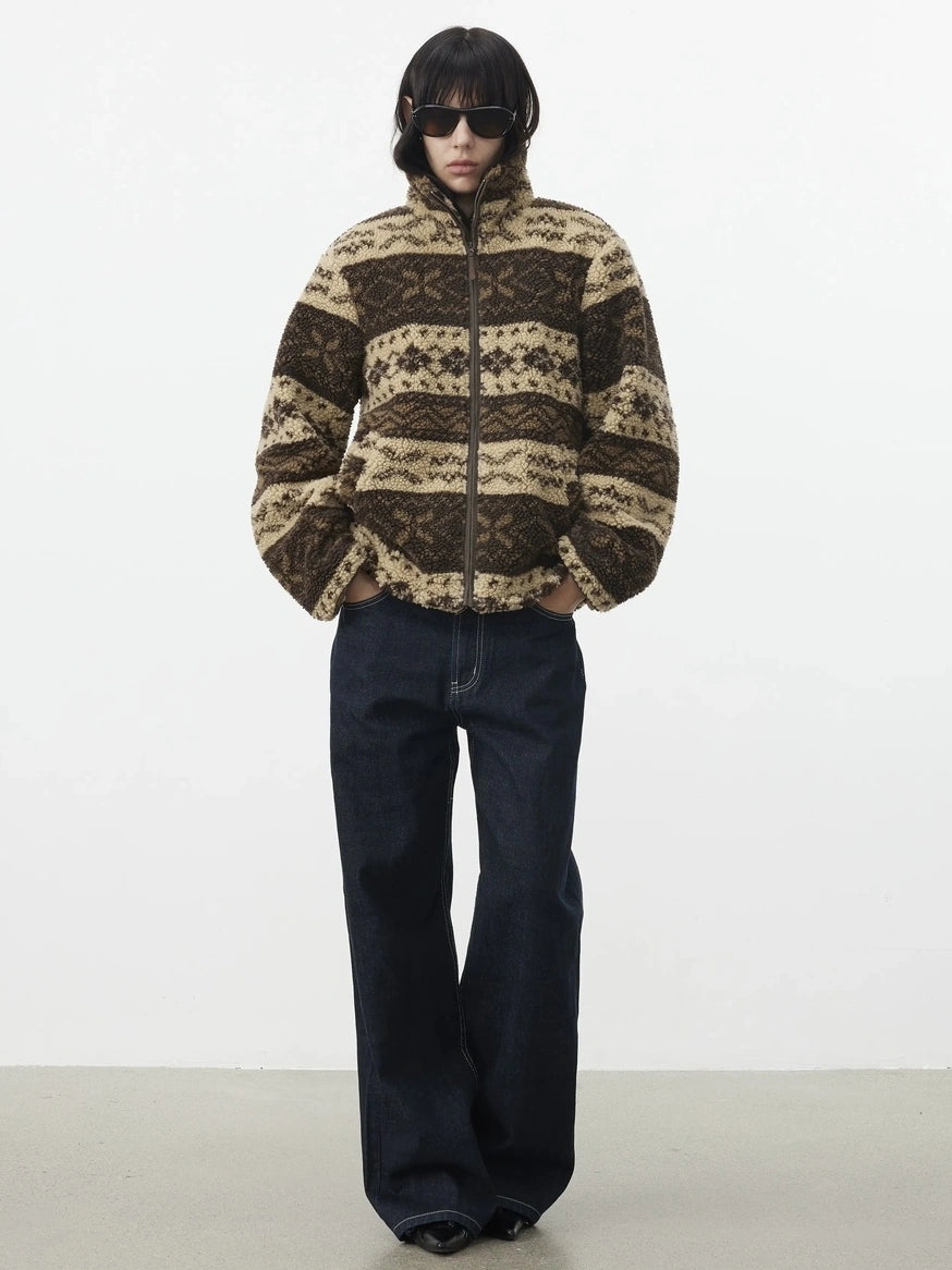 AFTADAWN Fair Isle Textured Lamb Wool Stand Collar Cardigan Hoodies/Sweatshirt