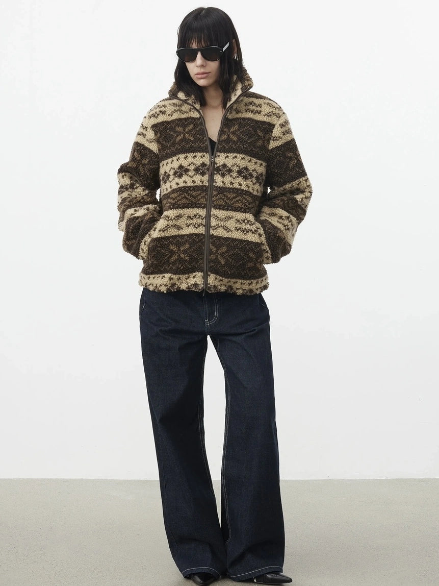 AFTADAWN Fair Isle Textured Lamb Wool Stand Collar Cardigan Hoodies/Sweatshirt