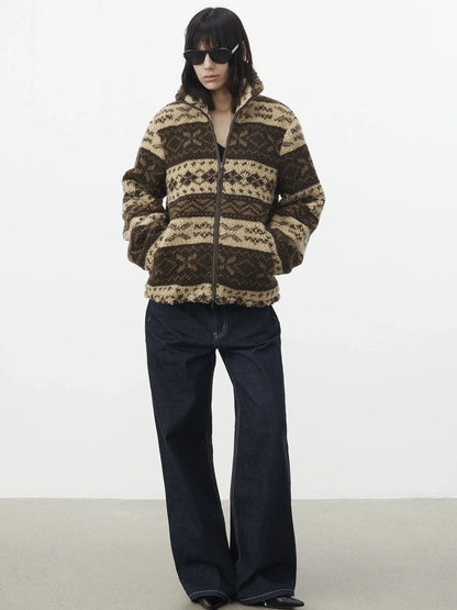 AFTADAWN Fair Isle Textured Lamb Wool Stand Collar Cardigan Hoodies/Sweatshirt