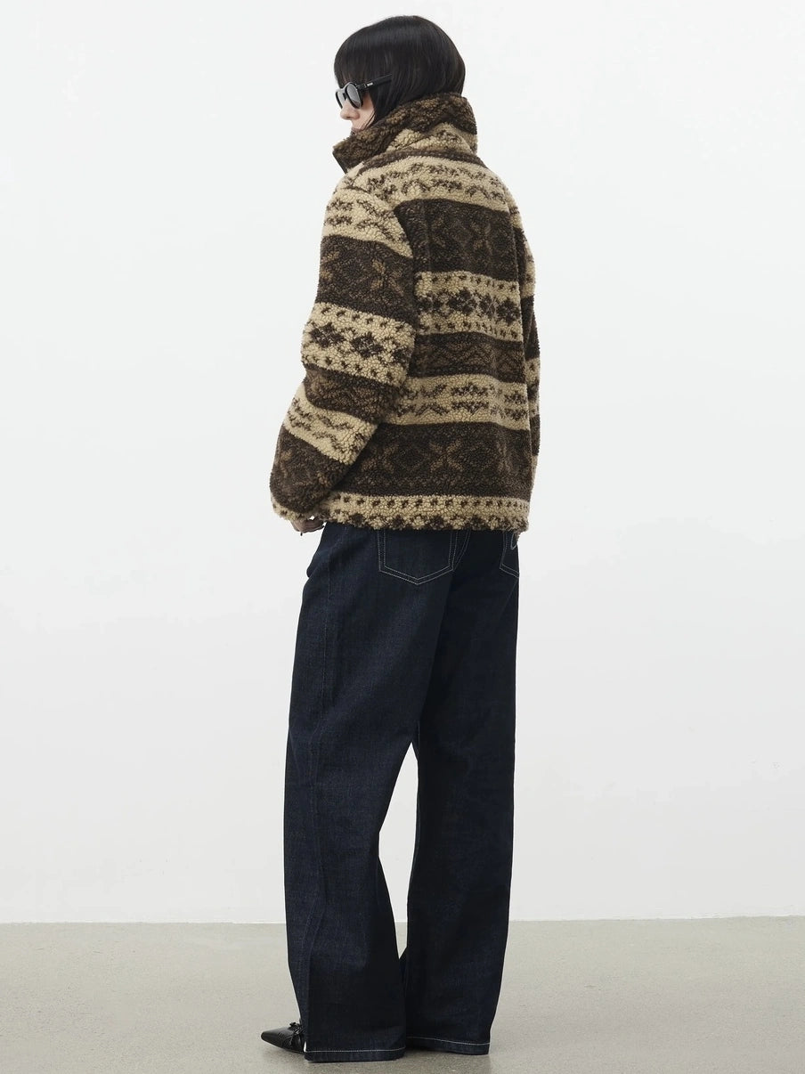 AFTADAWN Fair Isle Textured Lamb Wool Stand Collar Cardigan Hoodies/Sweatshirt