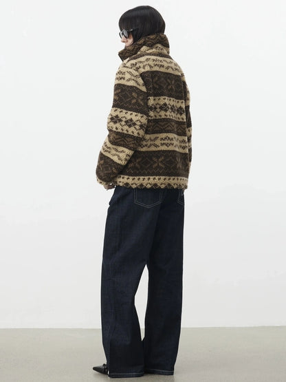AFTADAWN Fair Isle Textured Lamb Wool Stand Collar Cardigan Hoodies/Sweatshirt