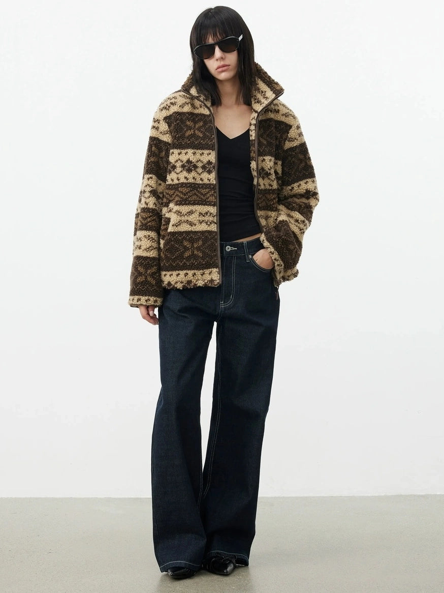 AFTADAWN Fair Isle Textured Lamb Wool Stand Collar Cardigan Hoodies/Sweatshirt