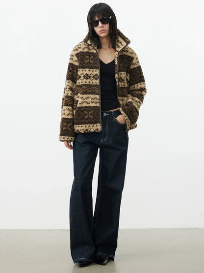 AFTADAWN Fair Isle Textured Lamb Wool Stand Collar Cardigan Hoodies/Sweatshirt