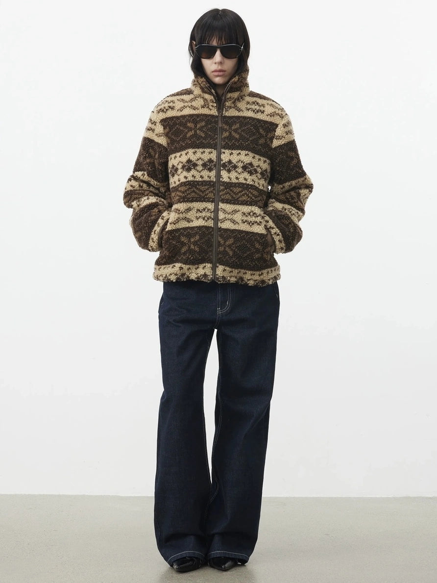 AFTADAWN Fair Isle Textured Lamb Wool Stand Collar Cardigan Hoodies/Sweatshirt