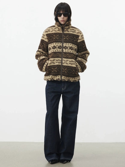 AFTADAWN Fair Isle Textured Lamb Wool Stand Collar Cardigan Hoodies/Sweatshirt