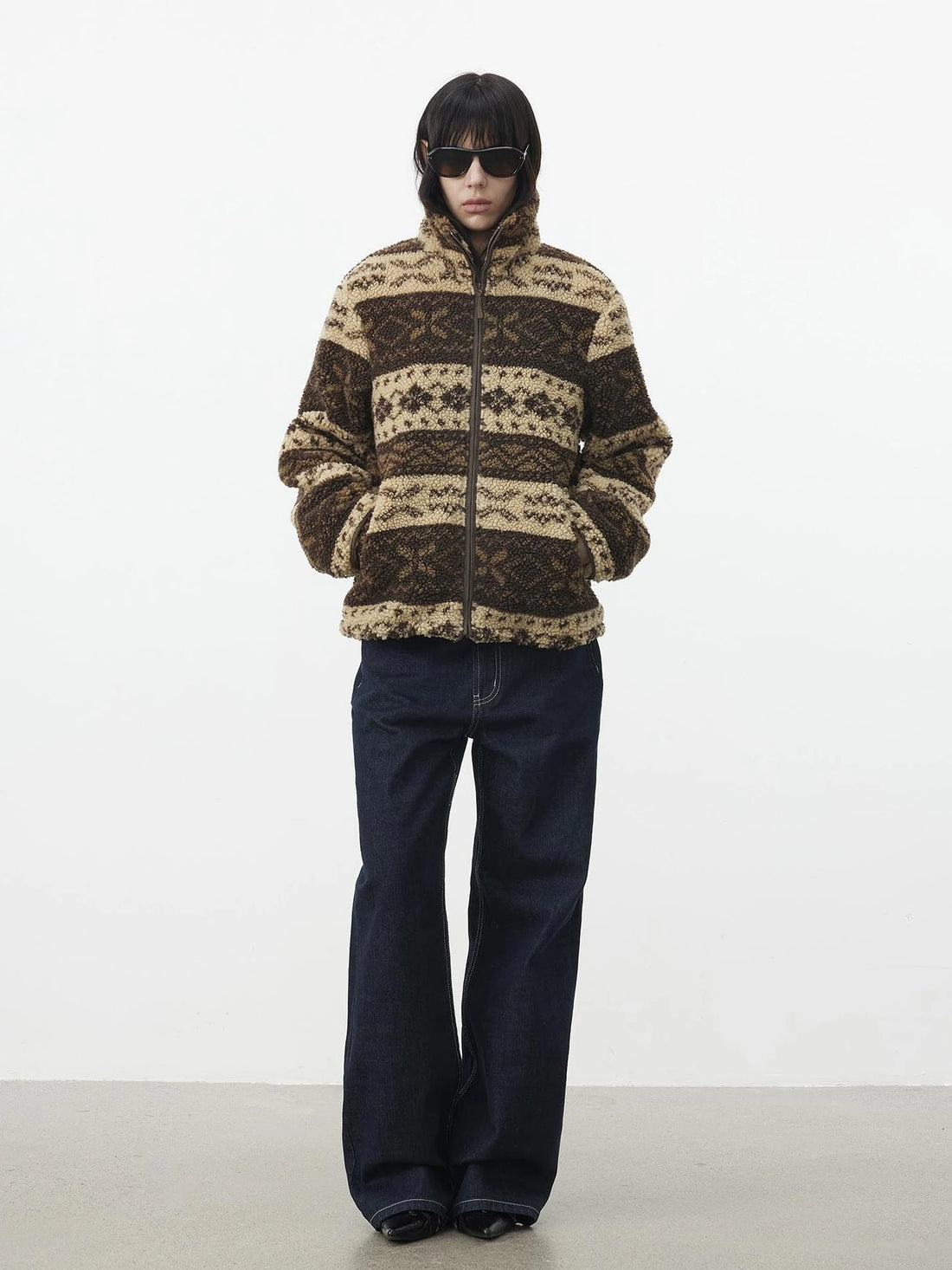 AFTADAWN Fair Isle Textured Lamb Wool Stand Collar Cardigan Hoodies/Sweatshirt
