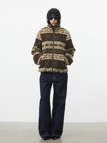 AFTADAWN Fair Isle Textured Lamb Wool Stand Collar Cardigan Hoodies/Sweatshirt