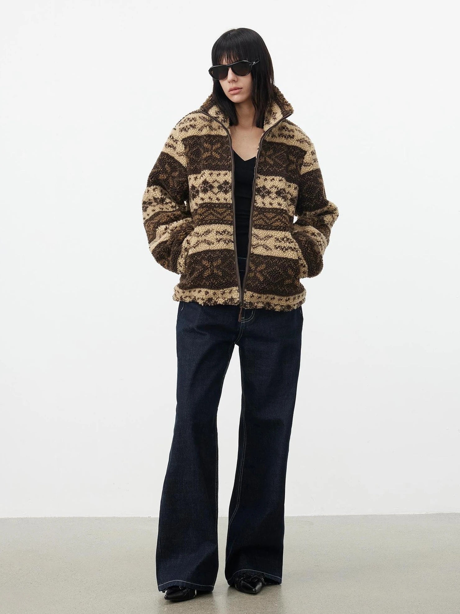AFTADAWN Fair Isle Textured Lamb Wool Stand Collar Cardigan Hoodies/Sweatshirt