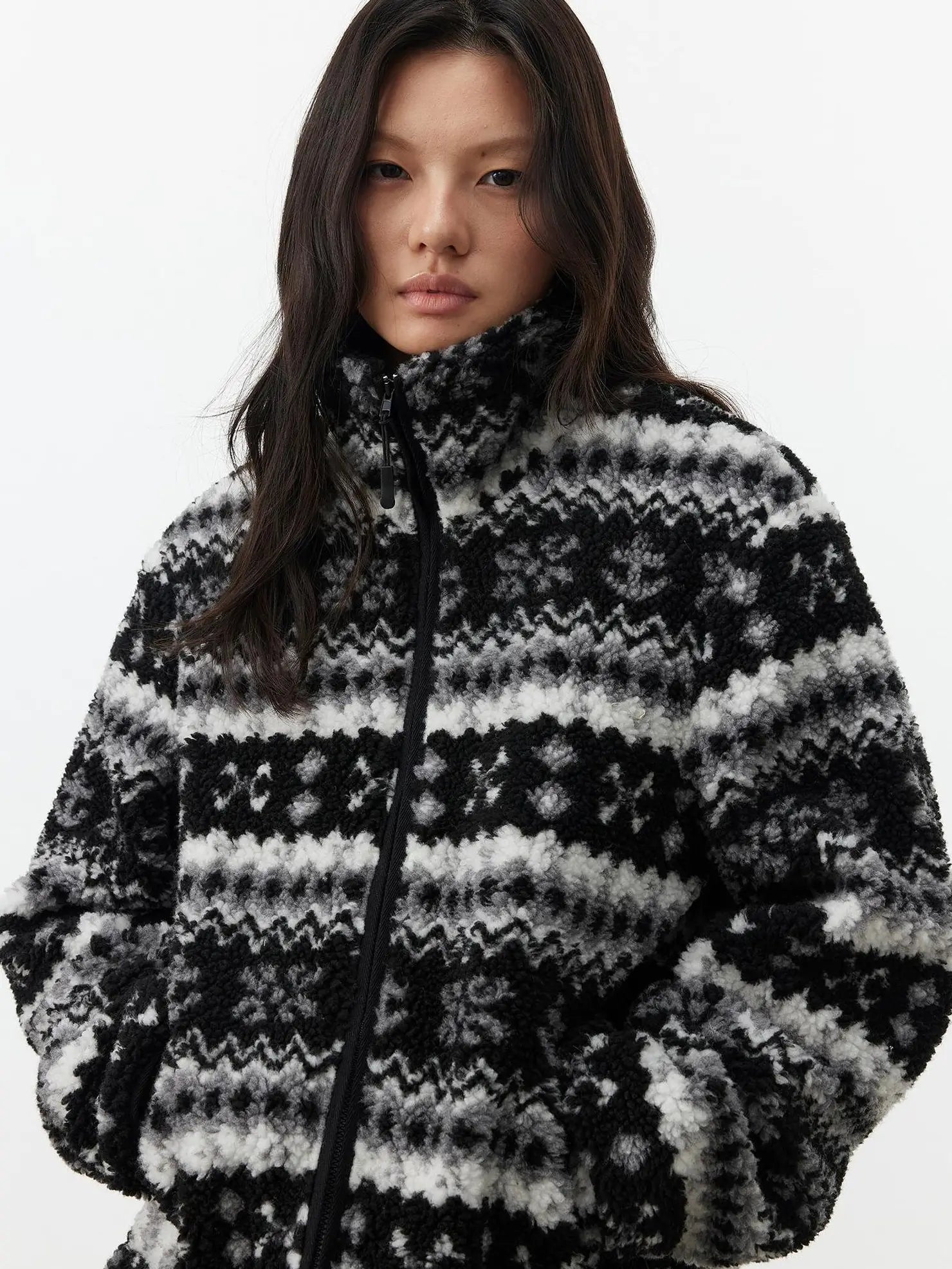 AFTADAWN Fair Isle Textured Lamb Wool Stand Collar Cardigan Hoodies/Sweatshirt