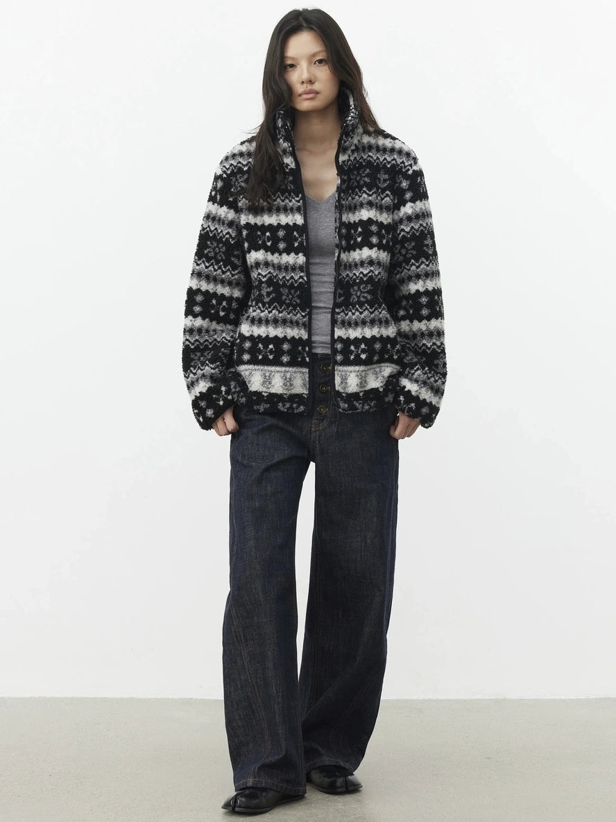 AFTADAWN Fair Isle Textured Lamb Wool Stand Collar Cardigan Hoodies/Sweatshirt