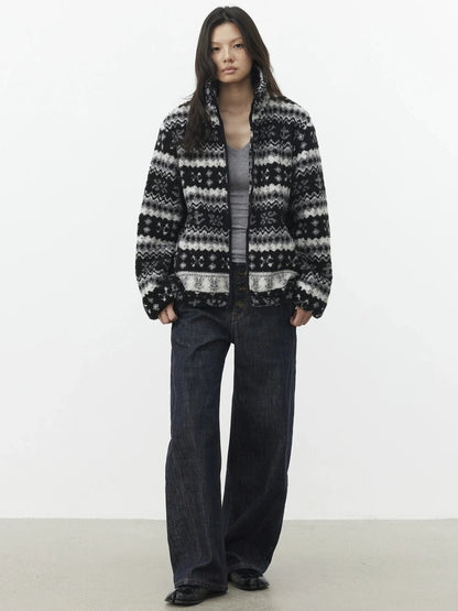 AFTADAWN Fair Isle Textured Lamb Wool Stand Collar Cardigan Hoodies/Sweatshirt