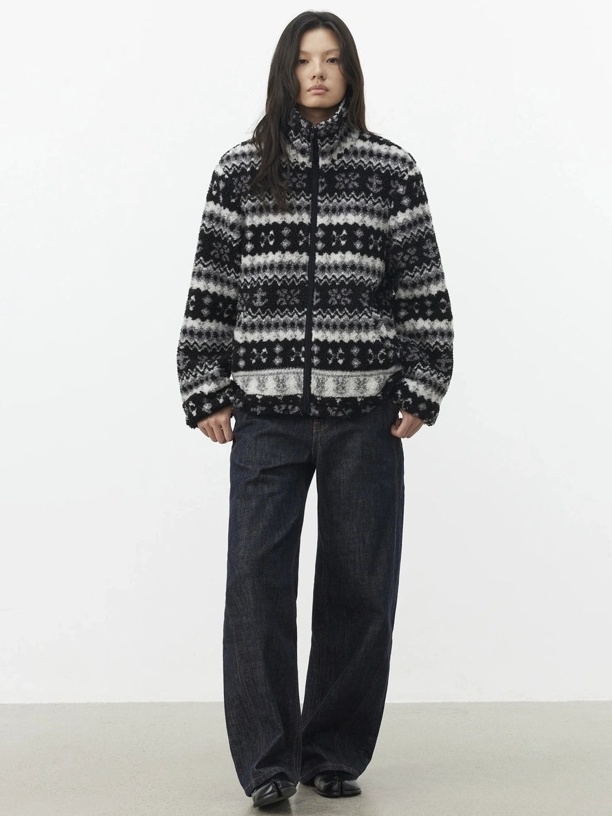 AFTADAWN Fair Isle Textured Lamb Wool Stand Collar Cardigan Hoodies/Sweatshirt
