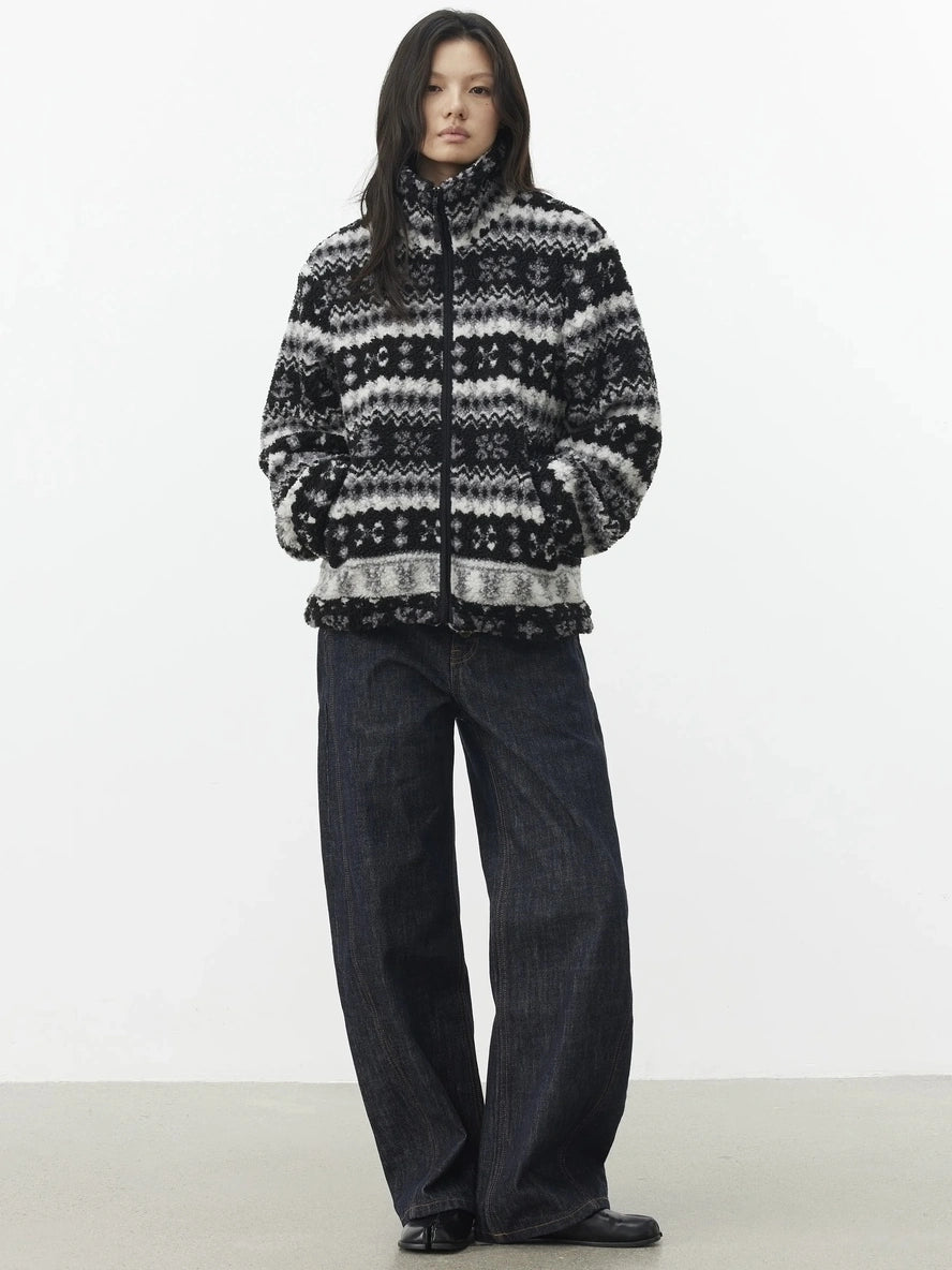 AFTADAWN Fair Isle Textured Lamb Wool Stand Collar Cardigan Hoodies/Sweatshirt