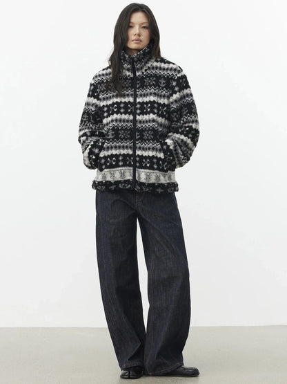 AFTADAWN Fair Isle Textured Lamb Wool Stand Collar Cardigan Hoodies/Sweatshirt