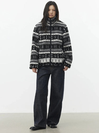AFTADAWN Fair Isle Textured Lamb Wool Stand Collar Cardigan Hoodies/Sweatshirt