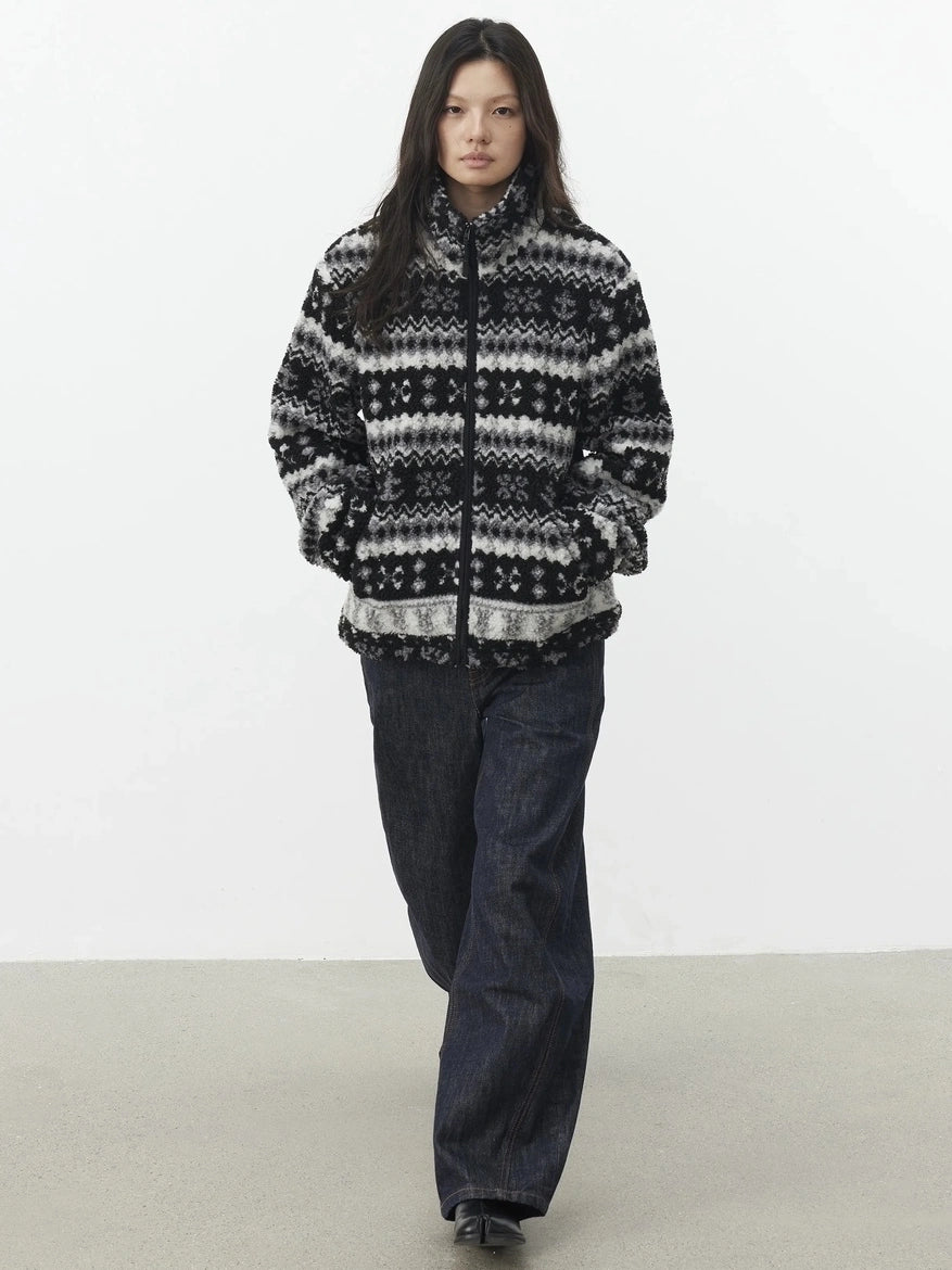 AFTADAWN Fair Isle Textured Lamb Wool Stand Collar Cardigan Hoodies/Sweatshirt