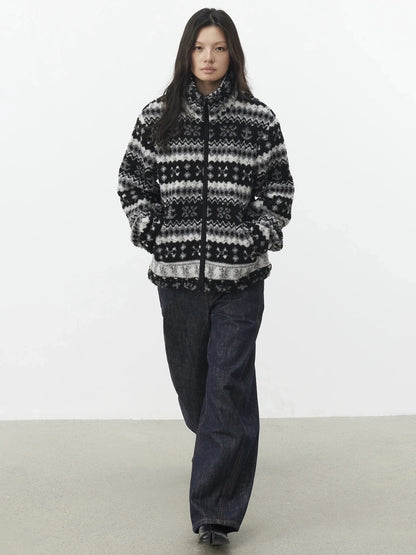 AFTADAWN Fair Isle Textured Lamb Wool Stand Collar Cardigan Hoodies/Sweatshirt