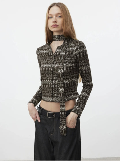 AFTADAWN Fair Isle Wool Blend Cardigan With Scarf Cardigan