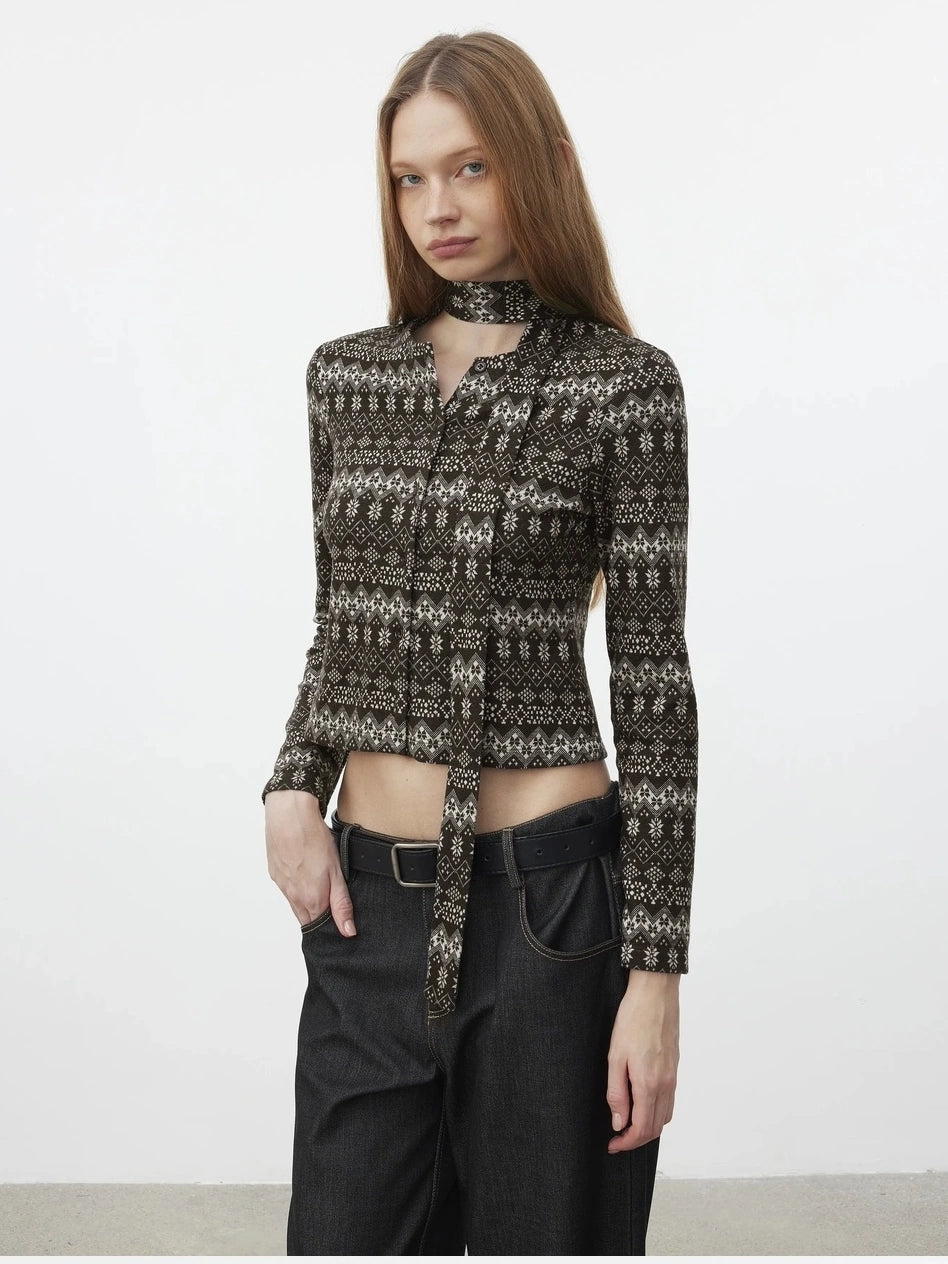 AFTADAWN Fair Isle Wool Blend Cardigan With Scarf Cardigan