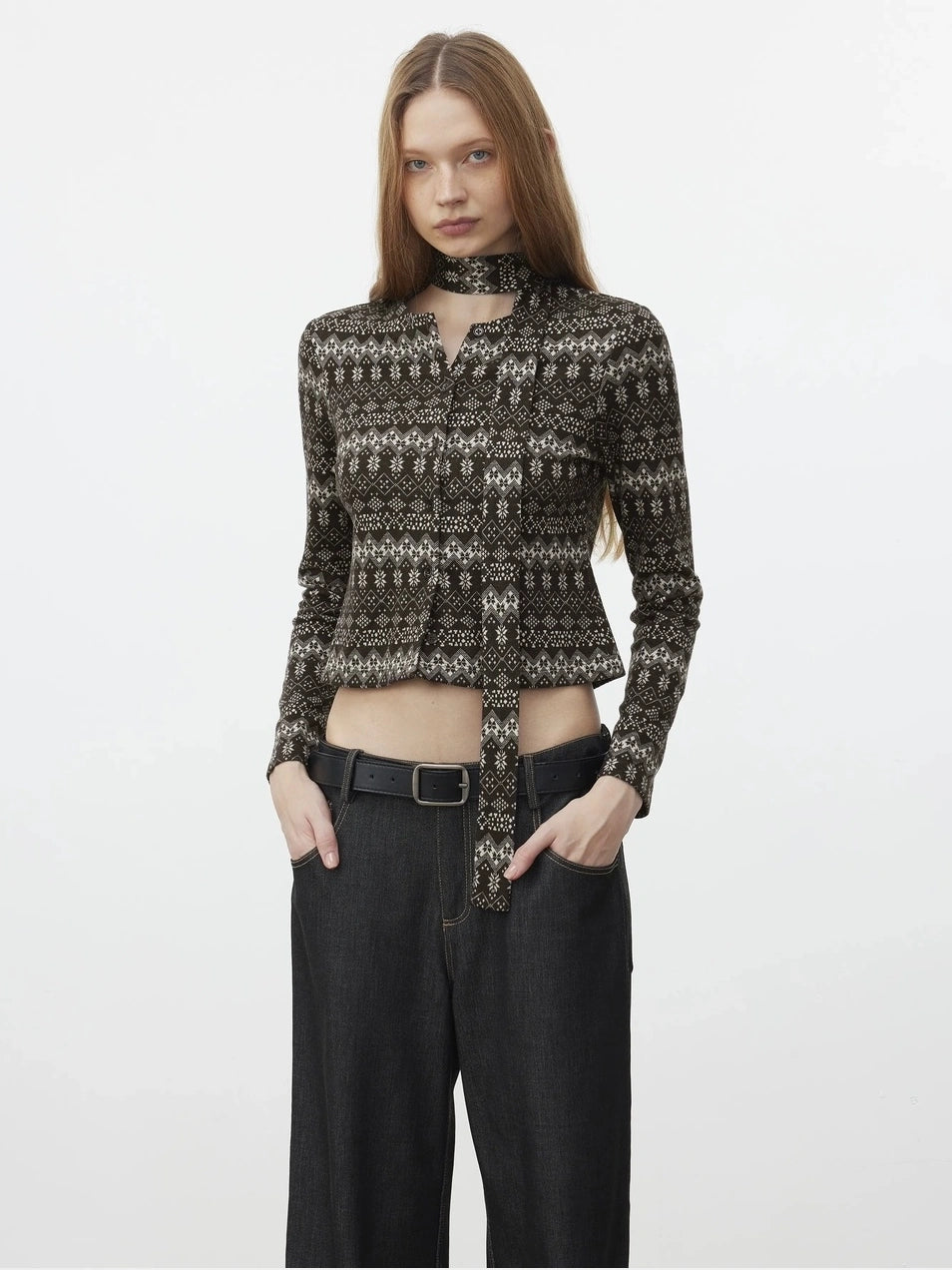 AFTADAWN Fair Isle Wool Blend Cardigan With Scarf Cardigan