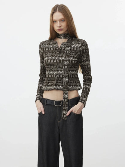 AFTADAWN Fair Isle Wool Blend Cardigan With Scarf Cardigan