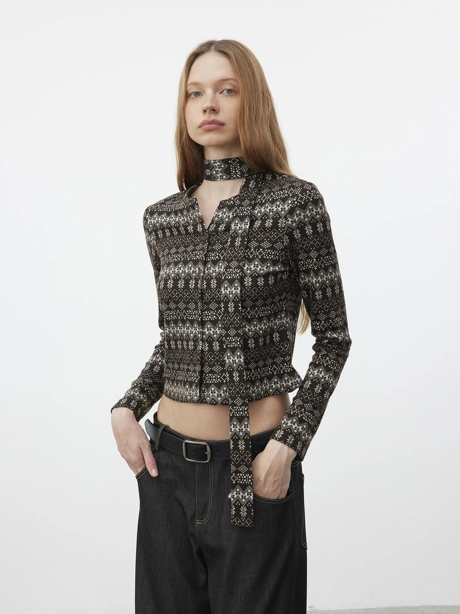 AFTADAWN Fair Isle Wool Blend Cardigan With Scarf Cardigan