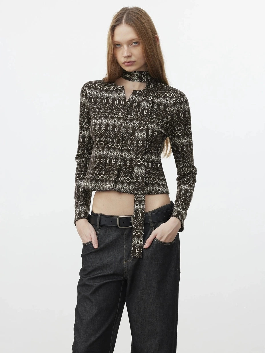 AFTADAWN Fair Isle Wool Blend Cardigan With Scarf Cardigan