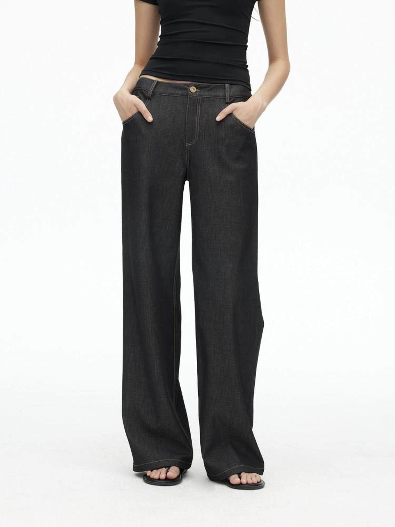 AFTADAWN Faux Denim Back Pocket Embroidery Low Waist Women&
