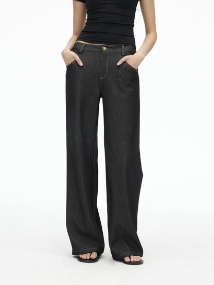 AFTADAWN Faux Denim Back Pocket Embroidery Low Waist Women&
