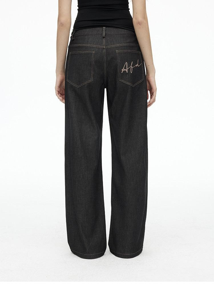 AFTADAWN Faux Denim Back Pocket Embroidery Low Waist Women&