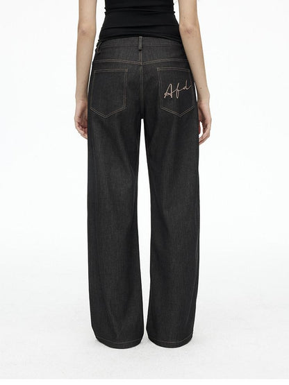 AFTADAWN Faux Denim Back Pocket Embroidery Low Waist Women&