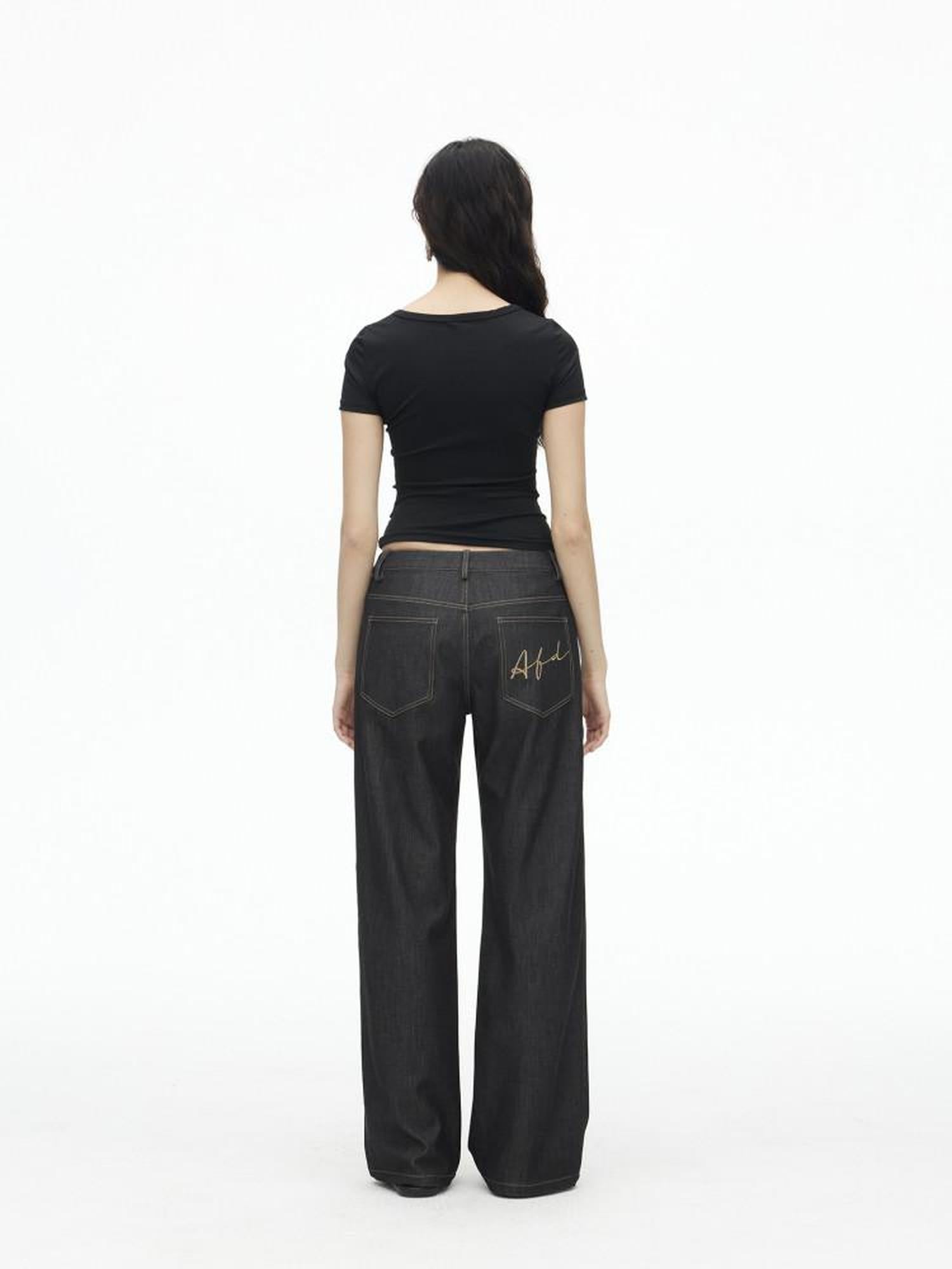 AFTADAWN Faux Denim Back Pocket Embroidery Low Waist Women&