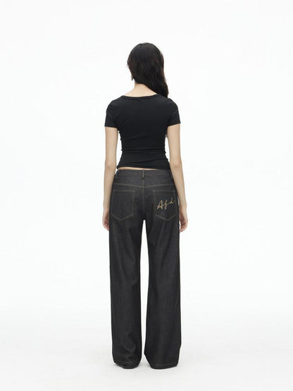 AFTADAWN Faux Denim Back Pocket Embroidery Low Waist Women&